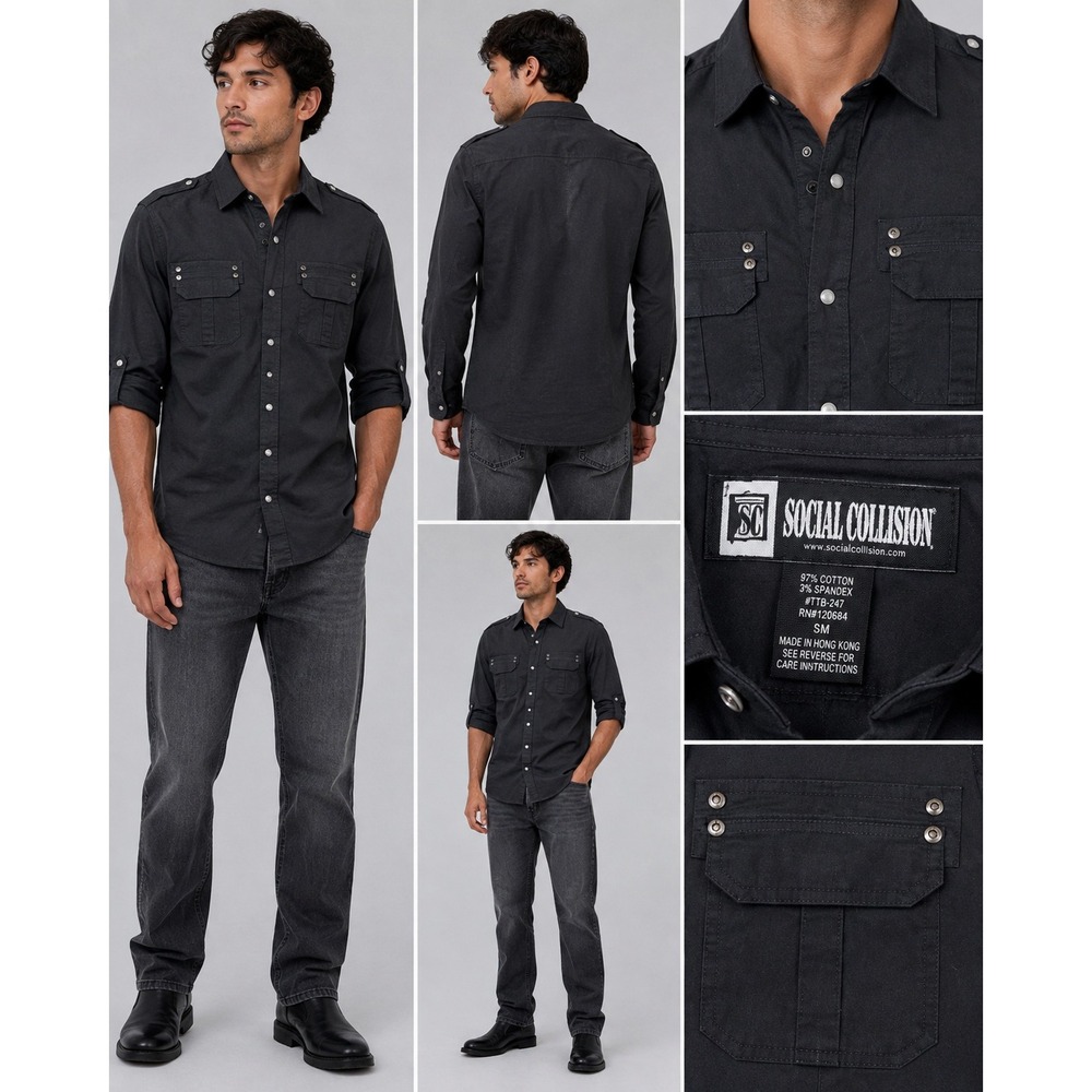 Social Collision Mens Small Black Utility Button Down Shirt Military Goth